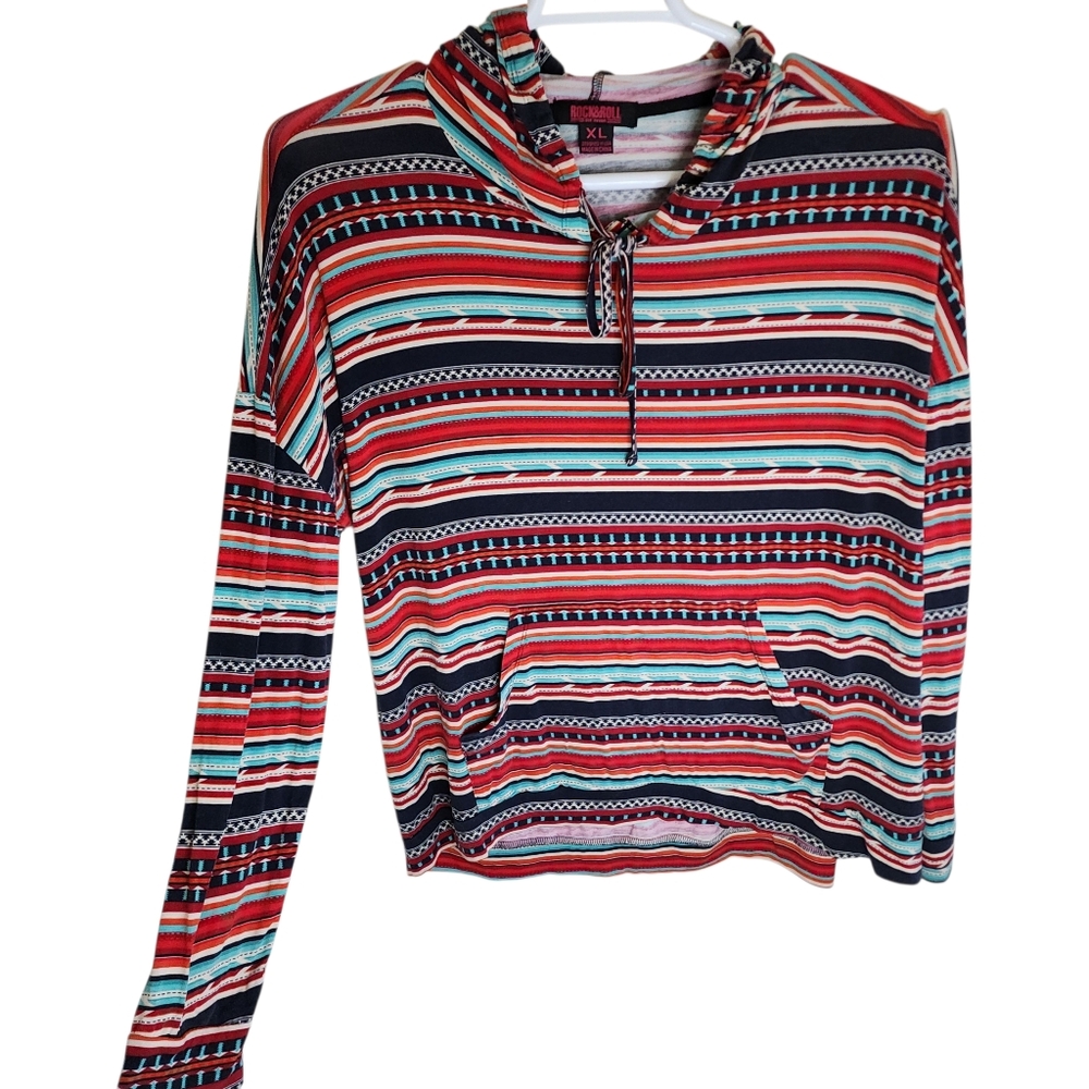 Rock & Roll Denim Aztec Red Blue Striped Loghtweight Hooded Pullover Size XL - Picture 3 of 10